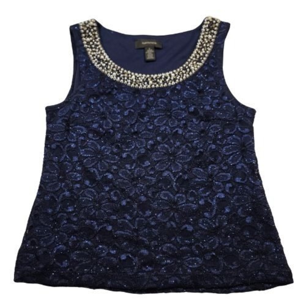 R&M Richards Navy Blue Glitter Floral Lace Beaded Pearl Neckline Tank Top Size 6